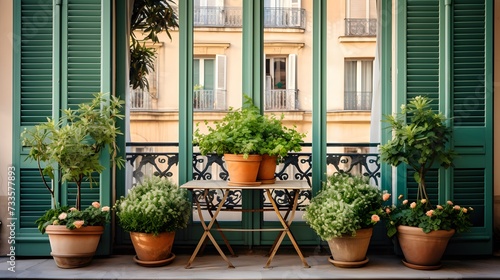 Window doors and french balcony decorated with three green potted plants