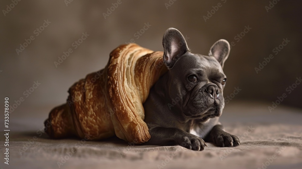 Whimsical depiction of a dog fashioned in the shape of a croissant, quirky charm, Ai Generated.