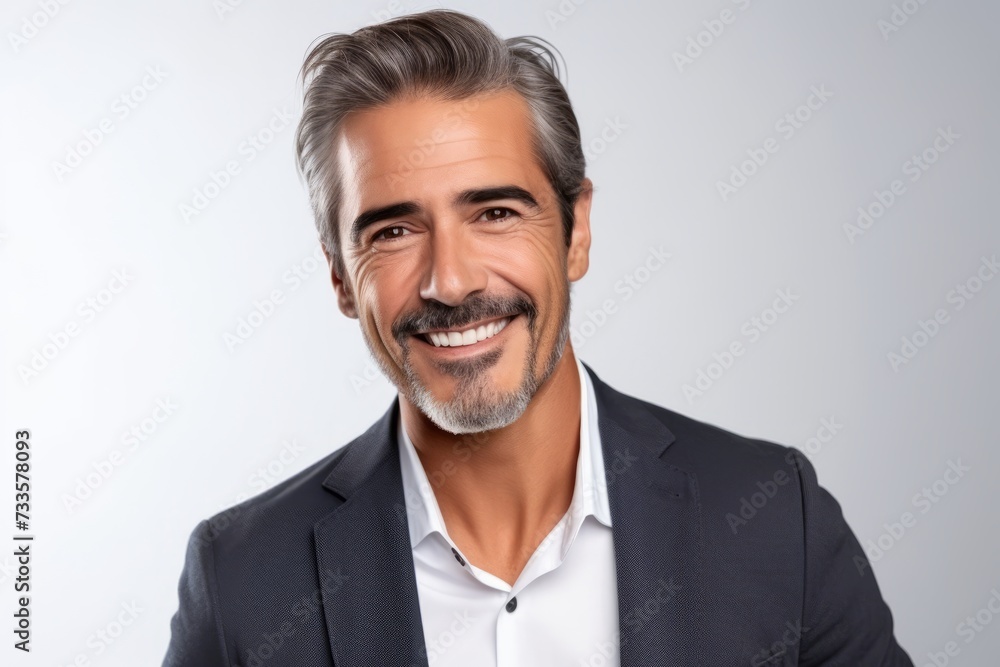 Handsome mature man in suit is looking at camera and smiling while standing against grey background Handsome mature man in suit is looking at camera and smiling while standing against grey background