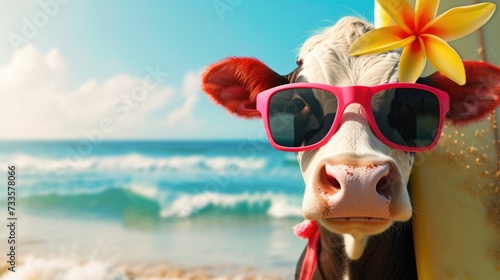 A cute cow surfer enjoys a fun-filled summer day at the beach, riding waves with enthusiasm, Ai Generated.