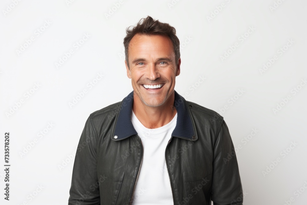 Portrait of a smiling middle aged man in leather jacket standing against white background Portrait of a smiling middle aged man in leather jacket standing against white background