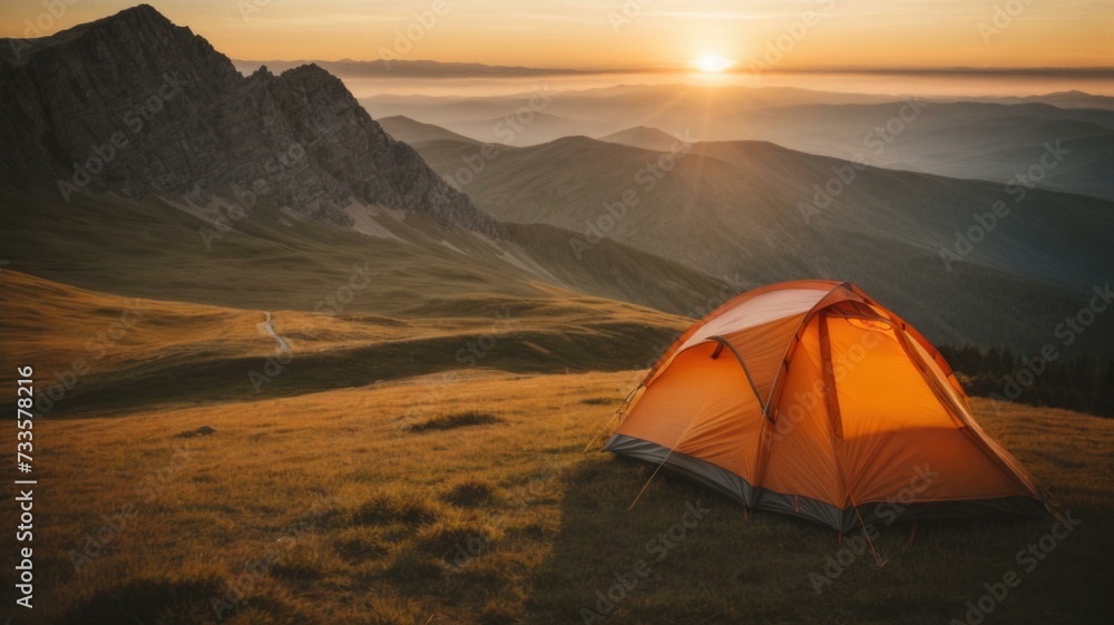 Camping tent in the mountains at sunset. Generative AI.
