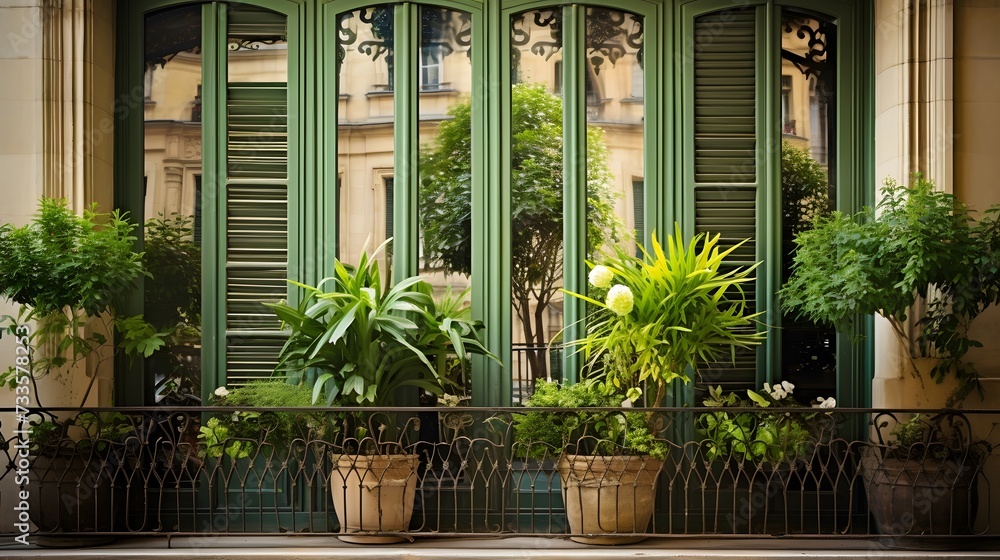 Window doors and french balcony decorated with three green potted plants