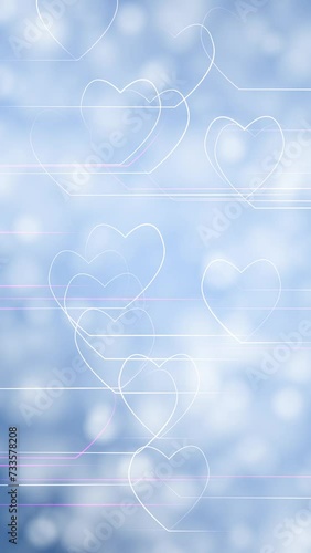 Blurred blue white circle bokeh drawing hearts loop animation. Concept Valentine's day vertical animation.
