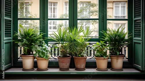 Window doors and french balcony decorated with three green potted plants