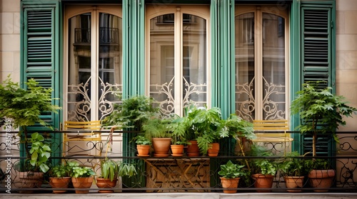 Window doors and french balcony decorated with three green potted plants photo