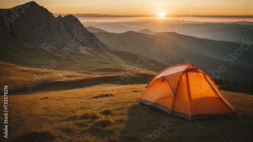 Camping tent in the mountains at sunset. Generative AI.