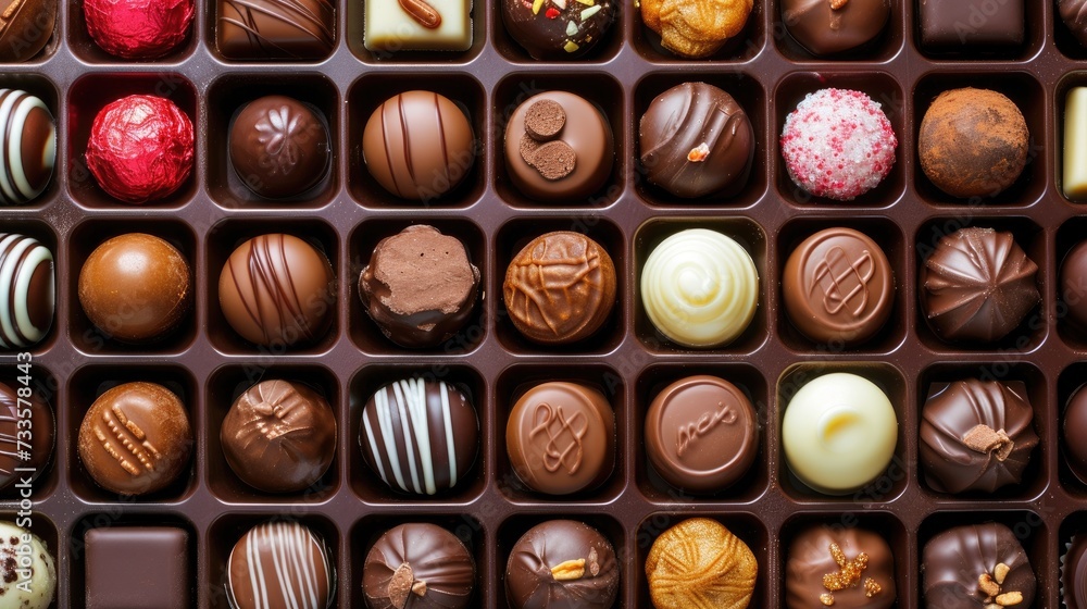 Assorted rows of delectable chocolate sweets nestled in a charming box. Tempting, Ai Generated. Assorted rows of delectable chocolate sweets nestled in a charming box. Tempting, Ai Generated.