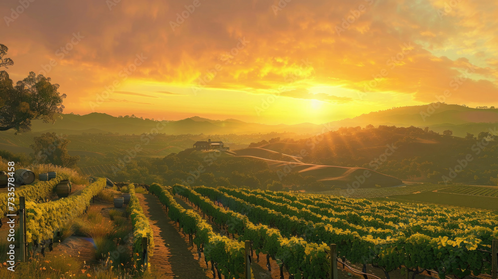 Golden sunset casting a warm glow over endless vineyards