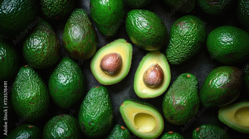Whole ripe avocados arranged top view, forming a lush background. Abundant freshness, Ai Generated. Whole ripe avocados arranged top view, forming a lush background. Abundant freshness, Ai Generated.
