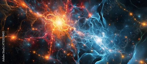 Computer generated image of galaxy collision in space