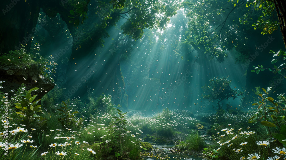 Forest Whispers: The Dance of Light and Petals - obrazy, fototapety, plakaty 