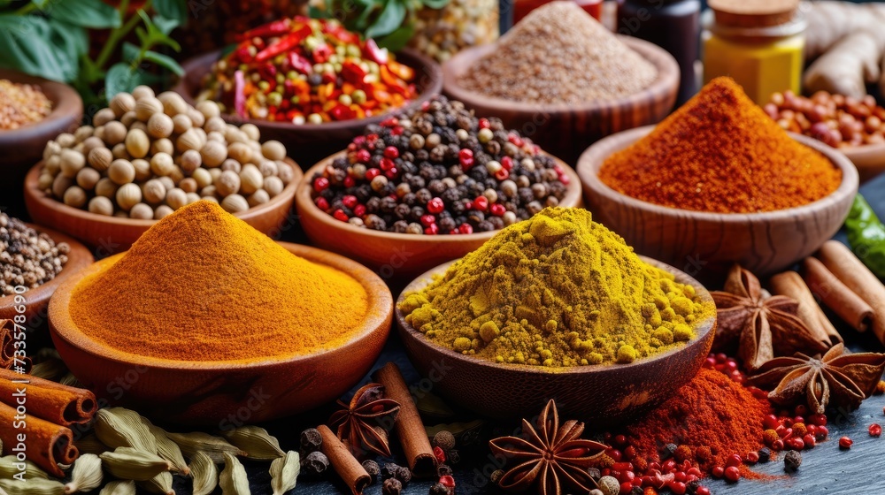 Fototapeta premium Assortment of aromatic, colorful spices and herbs, a feast for the senses, Ai Generated.