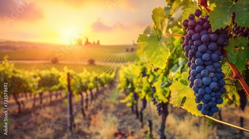 Ripe grapes bask in the sunset glow of a vineyard in Tuscany, Italy, Ai Generated. photo