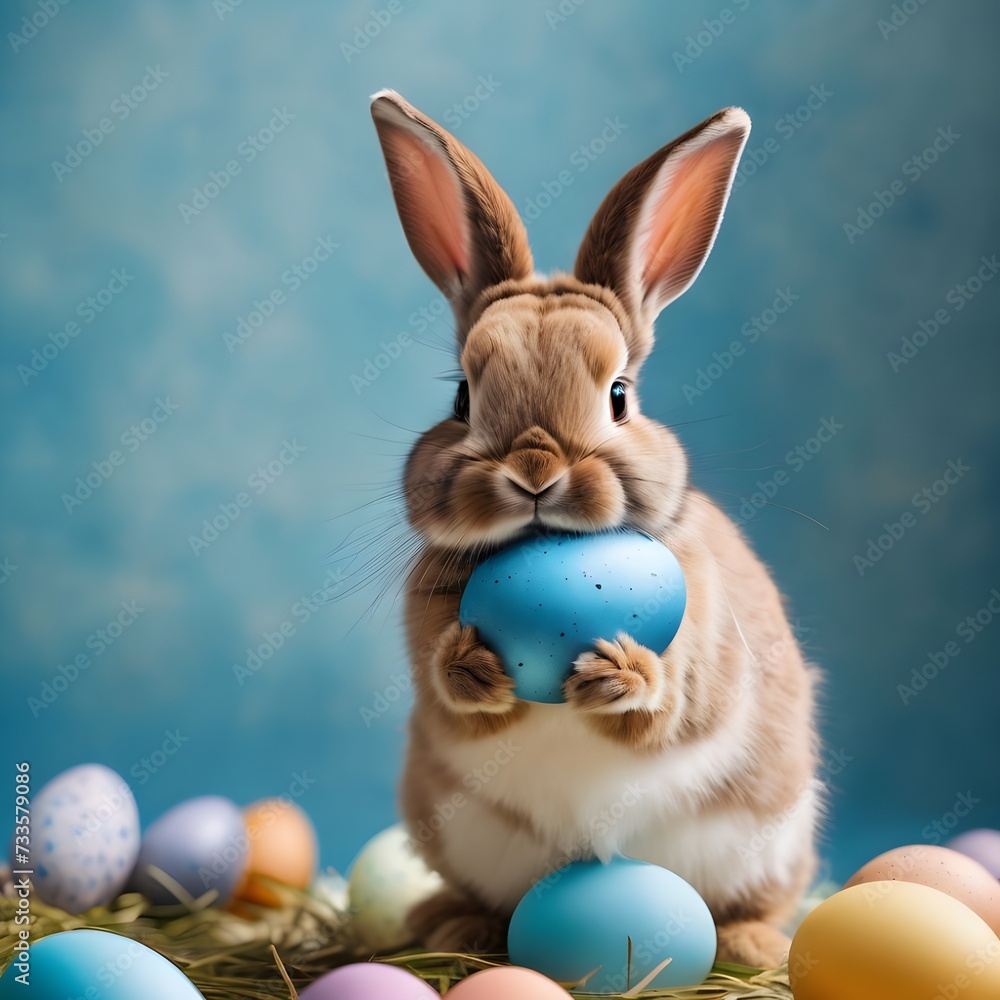 Fototapeta premium Easter bunny rabbit with blue painted egg on blue background. Easter holiday concept