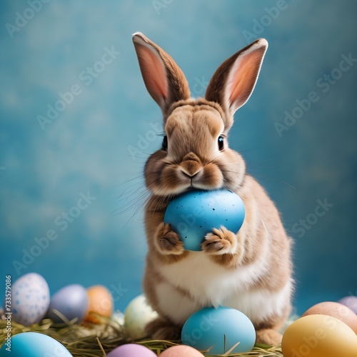 Easter bunny rabbit with blue painted egg on blue background. Easter holiday concept © QasimAli