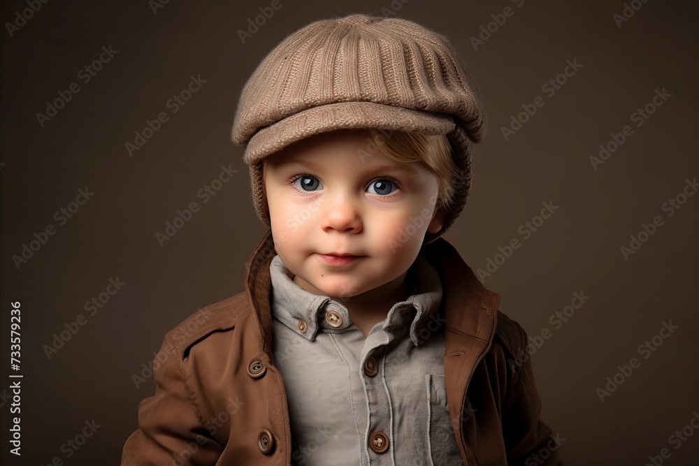 Cute little boy in brown jacket and hat. Studio shot. Cute little boy in brown jacket and hat. Studio shot.