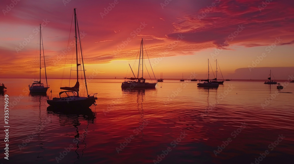 Boats bask under a fiery sunset, anchored in tranquil waters