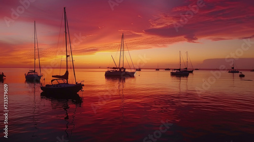 Boats bask under a fiery sunset, anchored in tranquil waters © Veniamin Kraskov