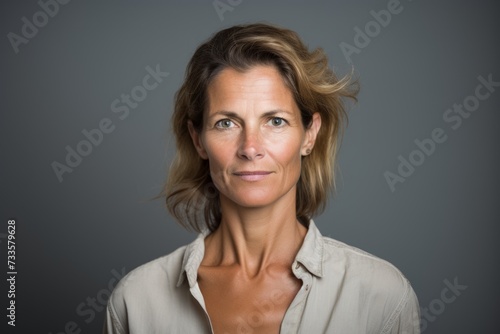 Portrait of a beautiful middle-aged woman on a gray background © Iigo