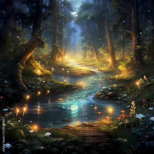 Enchanting forest with glowing fireflies. 