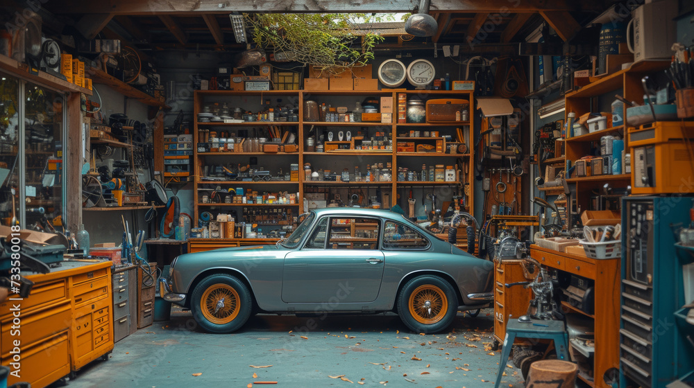 Vintage car in a cluttered garage
