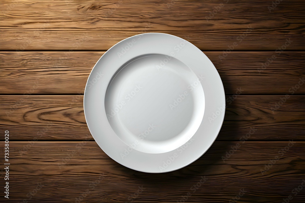 A white empty plate is served on wooden background from top view A white empty plate is served on wooden background from top view