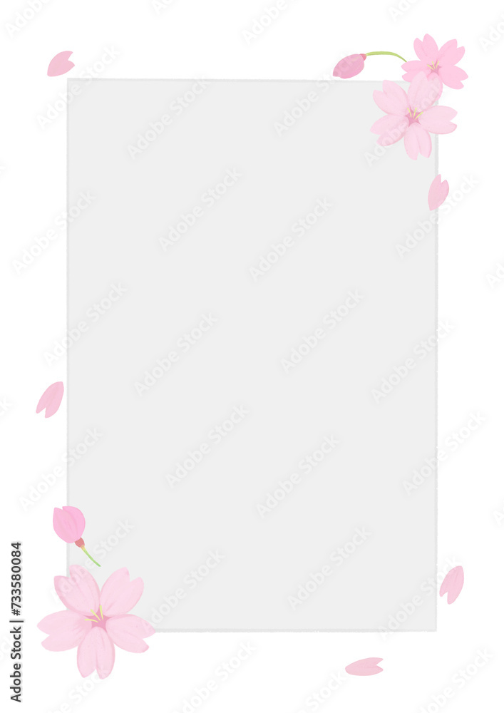 桜の花びらが舞うフレーム、アナログ手描き風味、コピースペース有り、メッセージカード、縦