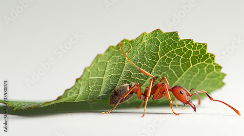 Leaf-cutter ant, Acromyrmex octospinosus, carrying leaf in front of white background photo