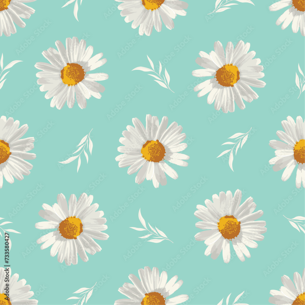 Seamless pattern with white daisy flowers on Green background 