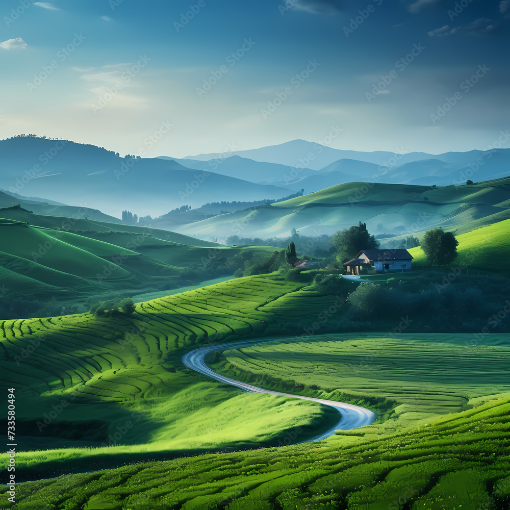 Peaceful countryside with rolling hills.