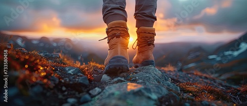 Hiker footwear on a rocky path with mountain landscape in the background Generative AI