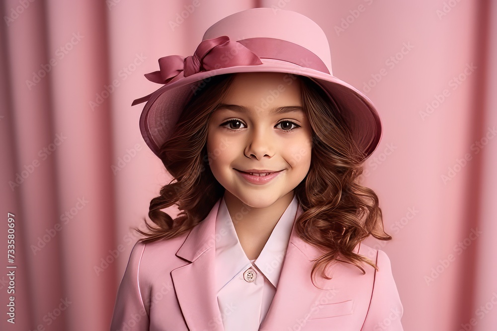 Portrait of a beautiful little girl in a pink suit and hat. Portrait of a beautiful little girl in a pink suit and hat.