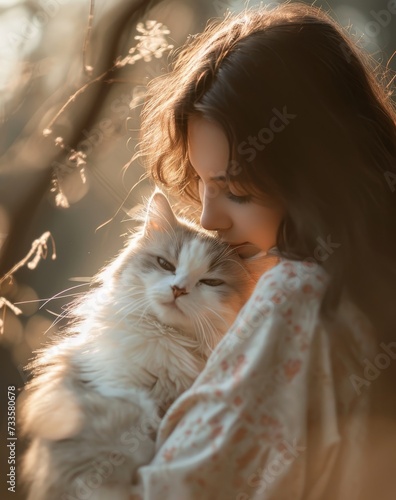 Smiling girl holds a cute cat in her arms  radiating love and happiness