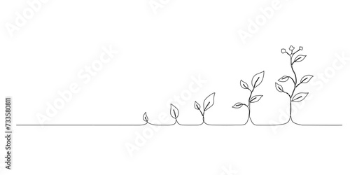 Continuous one line drawing growing plant. Seeds sprout in ground. Seedling gardening plants, sprouts. Single line draw vector graphic illustration photo