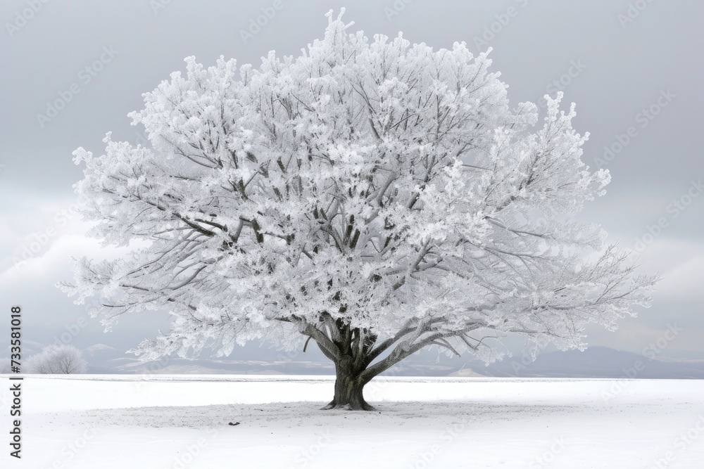 Fototapeta premium An icy tree stands as a silent sentinel in a snow-covered realm
