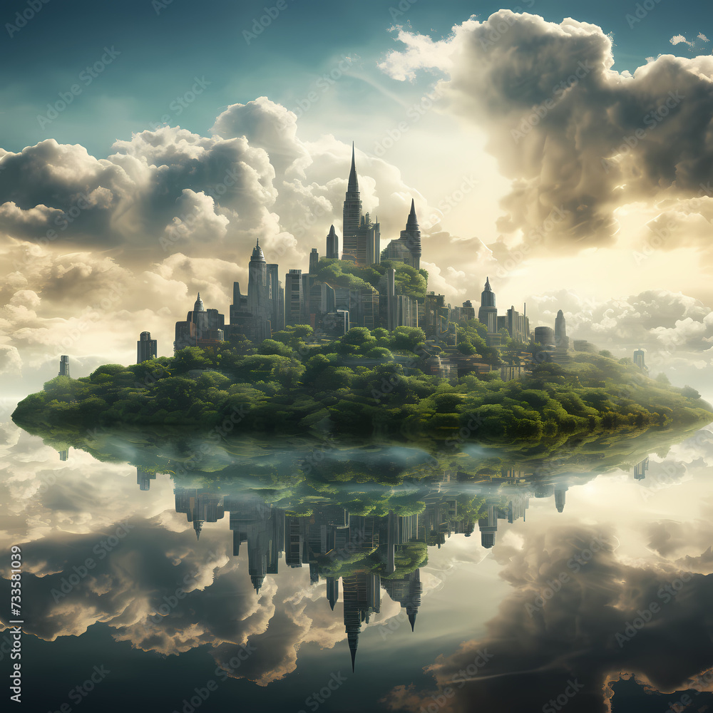 Surreal composite of a city skyline with floating islands
