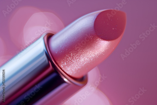 Pink lipstick on a pink background. Close-up of a pink lipstick.