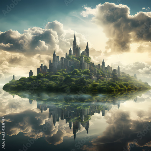 Surreal composite of a city skyline with floating islands © Cao