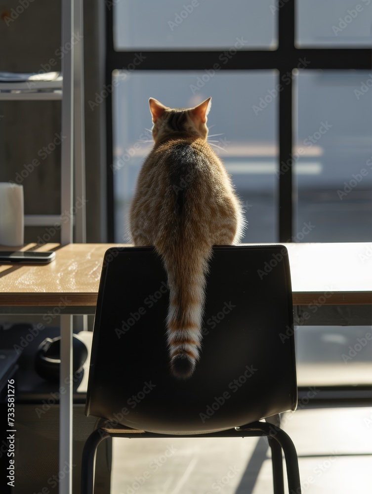 A cute domestic cat sits on a table, gazing out of a window with a curious expression