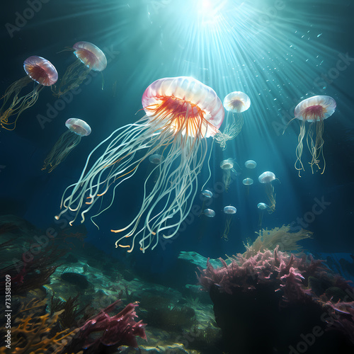 Surreal underwater scene with floating jellyfish.