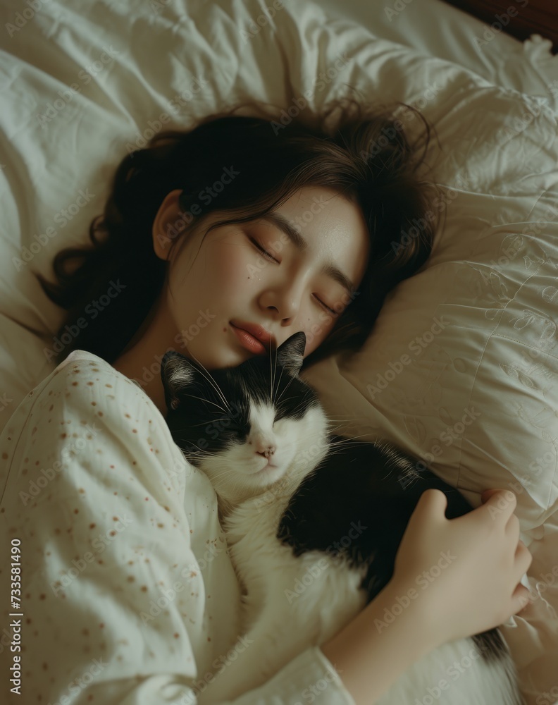 Smiling woman peacefully sleeps on a cozy bed with her beloved cat Smiling woman peacefully sleeps on a cozy bed with her beloved cat