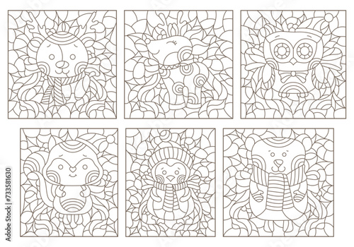A set of contour illustrations in the style of stained glass with cute animals, dark contours on a white background