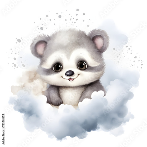 Watercolor baby Raccoon on a cloud. A nursery theme for a baby's room. 