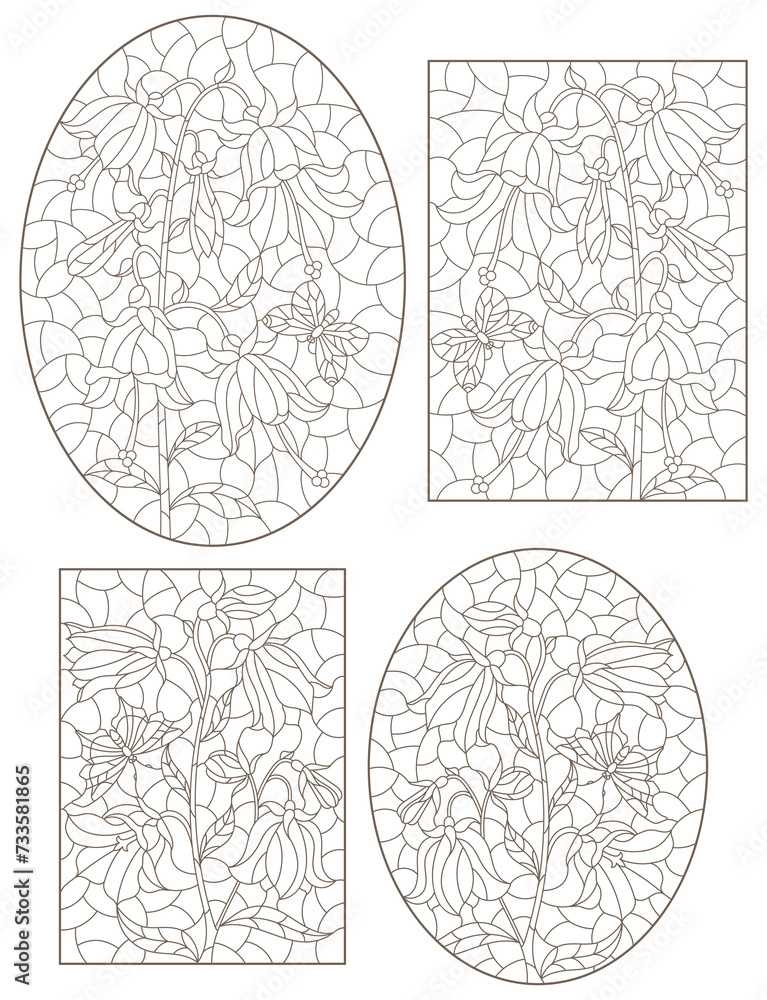 Set of contour illustrations with flowers, bells and butterflies, dark outlines on a white background