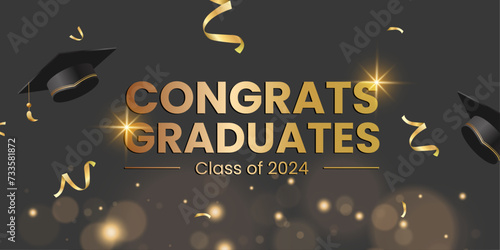 Class of 2024. Congrats graduates text with 3d mortarboard cap, diploma and confetti celebration elements for college graduate celebration. Vector illustration. photo