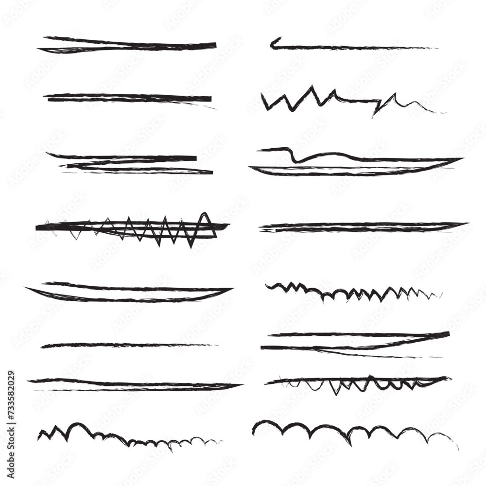 Set of wavy horizontal lines. Set of marker hand drawn line borders and doodle design elements. Hand drawn paint brush strokes lines. Vector isolated on white