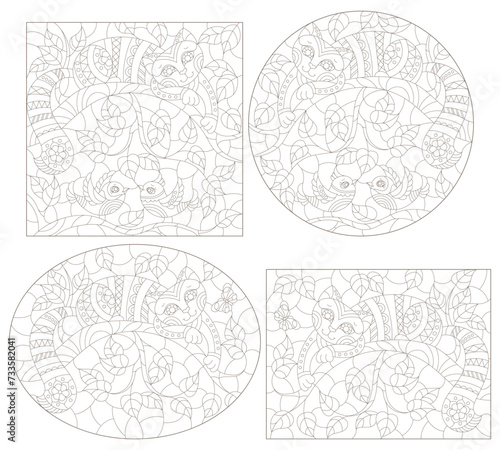A set of contour illustrations in the style of stained glass with cats and birds on tree branches, dark contours on a white background