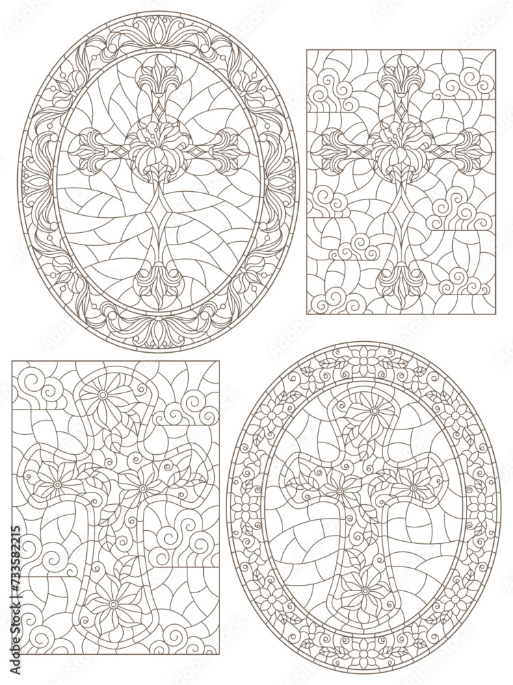 Set contour illustrations with Christian cross and flowers ,black contour on white background
