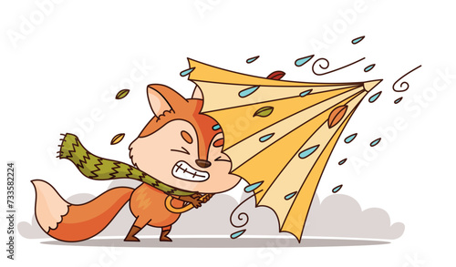 A fictional character in cartoon art, a fox, holding an umbrella in the wind. Vector
